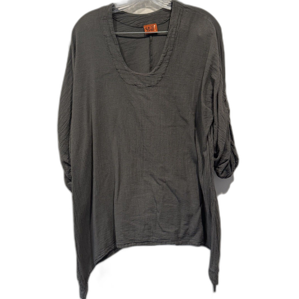 Oh My Gauze Arty Cotton Gauze Blouse Charcoal Ruched Sleeve Tunic Women L XL